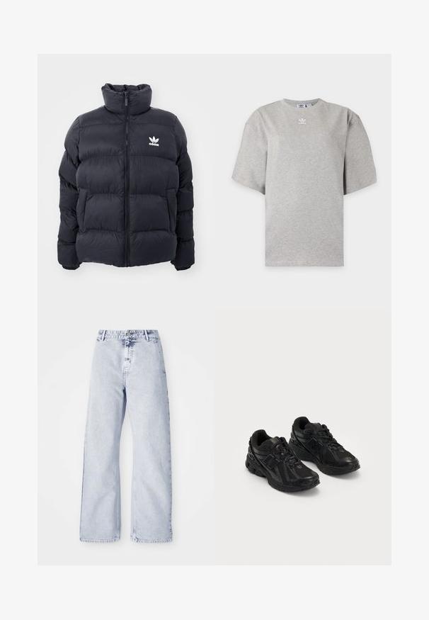 Marinblå puffjakke med høj krave, lynlås lukning og hvid Adidas-logo på brystet. Har syede paneler og en glat, blank overflade.; Lysegrå Adidas T-shirt med korte ærmer, rund hals og lille hvid Adidas-logo på brystet, vist på en ensfarvet baggrund.; Lysblå denim brede bukser med høj talje, knaplukning og fem-lomme design. Blød tekstur og synlige sømdetaljer.; Sorte atletiske sko lavet af mesh og syntetiske materialer. Har en polstret sål, teksturerede mønstre og præget branding på siden.