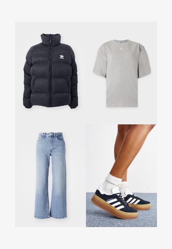 Chaqueta acolchada de color marino con cuello alto, cierre de cremallera y logo blanco de Adidas en el pecho. Presenta paneles cosidos y una textura suave y brillante.; Camiseta Adidas de manga corta color gris claro con cuello redondo y pequeño logo blanco de Adidas en el pecho, mostrada sobre un fondo liso.; Jeans de tiro alto de pierna ancha en azul claro, con bolsillos delanteros y traseros, cierre de botón y un ligero desgastado en los muslos y los dobladillos.; Piernas con calcetines blancos y zapatillas Adidas Gazelle negras con rayas blancas y suelas marrones gruesas sobre un suelo alfombrado gris.