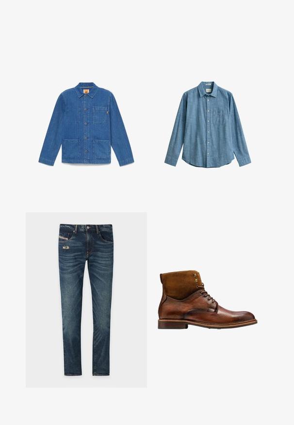 Chaqueta azul de mezclilla con botones, mangas largas, cuello y tres bolsillos delanteros de parche sobre fondo blanco liso.; Camisa azul claro de manga larga con botones, cuello y bolsillo frontal, hecha de tela texturizada, colocada sobre un fondo blanco.; Jeans de denim azul oscuro con un acabado ligeramente deslavado, que presentan un detalle desgate en la parte frontal y cinco bolsillos, incluyendo un pequeño bolsillo para monedas.; Kazar ALID - Botines con cordones - brown