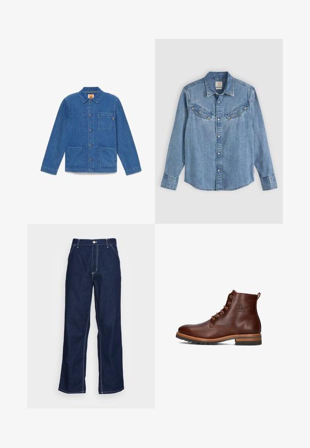 Blaue Jeansjacke mit Knöpfen, langen Ärmeln, Kragen und drei aufgesetzten Taschen auf weißem Hintergrund.; Hellblaue Jeanshemd mit langen Ärmeln, Knopfleiste, zwei Brusttaschen und dreieckigen Akzenten. Verfügt über einen klassischen Kragen und einen abgerundeten Saum.; Dunkelblaue Denim-Hosen mit weitem Bein, hoher Taille, Fronttaschen und kontrastierendem weißen Nähten entlang der Säume.; Braune Leder-Ankle-Boots mit runder Zehenpartie, Schnürdesign, kontrastierendem Absatz und Laufsohle sowie geprägtem Logo an der Seite.