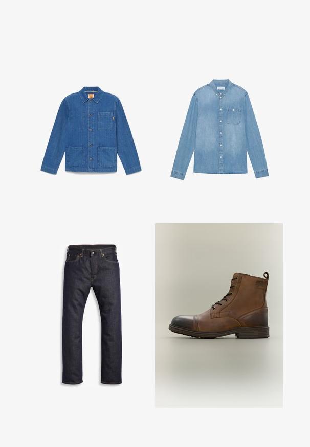 Blaue Jeansjacke mit Knöpfen, langen Ärmeln, Kragen und drei aufgesetzten Taschen auf weißem Hintergrund.; Hellblaues Denim-Hemd mit Knopfleiste, langen Ärmeln, spitzem Kragen, einer Brusttasche und dezentem Verblassen des Stoffes.; Dunkelblaue Jeans aus Denim mit geradem Schnitt, Fünf-Taschen-Design, metallischen Komponenten und kontrastierenden orangen Nähten. Glatte Textur, keine sichtbaren Muster.; Brauner Leder-Schnürstiefel bis zum Knöchel mit schwarzer Zehenkappe, runder Sohle und Markenlabel an der Seite vor schlichtem Hintergrund.