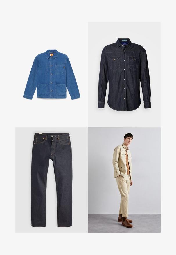 Sininen farkkutakki, jossa napit ja pitkät hihat, kaulus sekä kolme etutaskua, valkoisella taustalla.; Scotch & Soda REGULAR FIT WESTERN SHIRT - Vapaa-ajan kauluspaita - dark denim; Tummansiniset denimfarkut suoralla lahkeen leikkauksella, joissa oranssit saumat ja klassinen viiden taskun muotoilu. Nappikiinnitys ja vetoketjullinen etumelu.; Beige puuvillatakki, jossa on kaksi rintataskua, ruskean paidan päällä ja yhteensopivat beige housut. Ruskeat nahkasaappaat viimeistelevät asun.