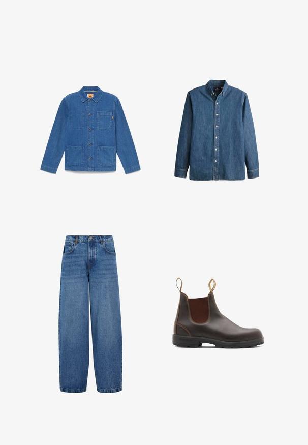 Chaqueta azul de mezclilla con botones, mangas largas, cuello y tres bolsillos delanteros de parche sobre fondo blanco liso.; Camisa de mezclilla de botón en azul medio, con mangas largas, collar puntiagudo, botones blancos y un corte ajustado con un sutil bordado de logo.; Jeans de pierna ancha en denim azul medio. Presentan una cintura alta, diseño clásico de cinco bolsillos y un ligero desgaste a lo largo de las piernas. Dobladillo estándar.; Botas Chelsea de cuero marrón con paneles laterales elásticos y tiradores. Parte superior texturizada, suela de goma duradera y detalle de costura en contraste.