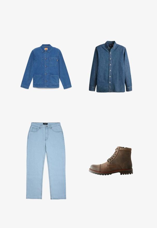 Chaqueta azul de mezclilla con botones, mangas largas, cuello y tres bolsillos delanteros de parche sobre fondo blanco liso.; Camisa de mezclilla de botón en azul medio, con mangas largas, collar puntiagudo, botones blancos y un corte ajustado con un sutil bordado de logo.; Jeans de pierna recta de color azul claro con bolsillos delanteros, trabillas para cinturón, cierre de botón y detalles de costura visibles.; Botas de cuero marrón hasta el tobillo con punta redondeada, cuello acolchado, cordones con seis ojales y suela de goma texturizada. Acentos de costura en los laterales.
