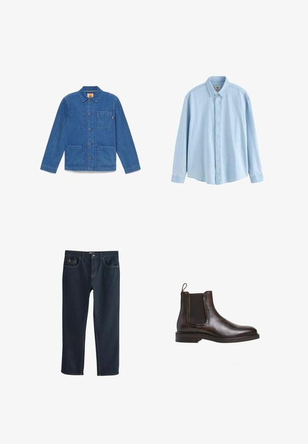 Blaue Jeansjacke mit Knöpfen, langen Ärmeln, Kragen und drei aufgesetzten Taschen auf weißem Hintergrund.; Hellblaues Denim-Hemd mit langen Ärmeln, Knopfleiste, Kragen und weißen Knöpfen, Größe M, vor weißem Hintergrund dargestellt.; Dunkelblaue Jeans aus Denim mit geradem Bein, ausgestattet mit Vordertaschen und dezenten Steppnähten. Glatte Textur, klassischer Stil.; Braune Leder-Chelsea-Boots mit elastischen Seiteneinsätzen, Schlupfgriff und niedrigem, gestapeltem Absatz. Glatte Textur und schlanke Silhouette.