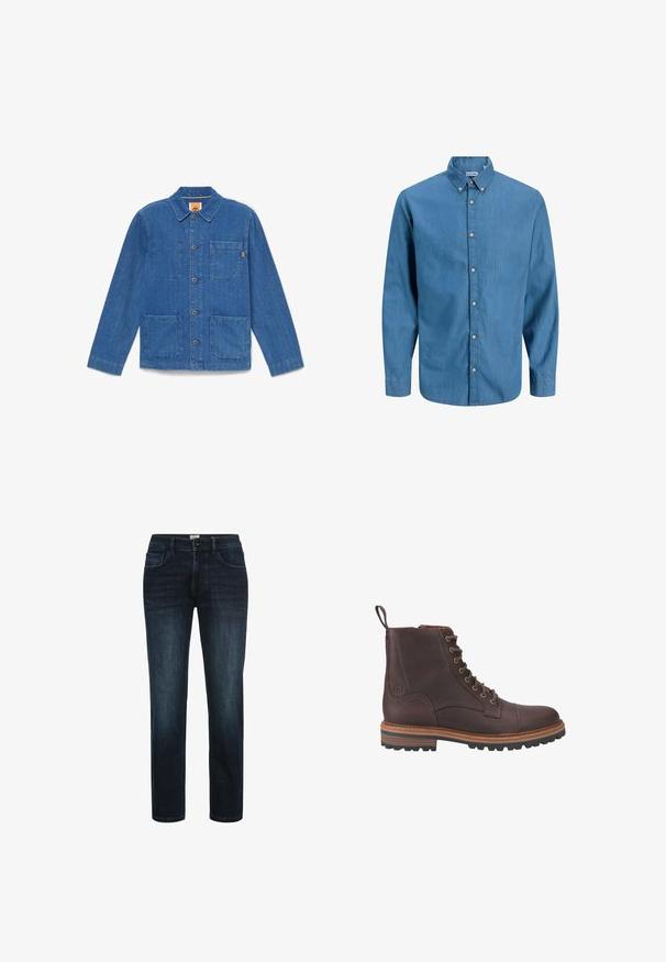 Blå denimjakke med knapper, lange ærmer, krave og tre forlommer på hvid baggrund.; Blå skjorte med knapper, lavet af denim, med krave og lange ærmer. Ensartet tekstur med synlige knapper ned ad fronten.; Mørk vaskede denimjeans med lige ben, der har fem lommer, knaplukning og subtil fading langs lårene.; Brune læder støvler med snørebånd ved anklen, med en tekstureret overflade, kontrasterende beige såler og metaløjer. Har en trækflig for nem påtagning.