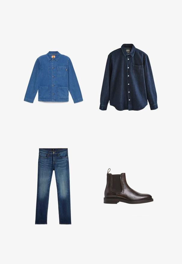 Blauwe denim jas met knopen, lange mouwen, kraag en drie opgestikte zakken aan de voorkant, afgebeeld op een effen witte achtergrond.; Donkerblauw denim overhemd met lange mouwen, knopen, kraag en één borstzak, getoond tegen een witte achtergrond.; Blauwe spijkerbroek met lichte vervaging op de voorkant van de dijen, vijfzakkenontwerp, knoopsluiting en riemlussen, plat gelegd op een witte achtergrond.; Bruine leren Chelsea-boot met elastische zijpanelen, een lus om aan te trekken en een lage gestapelde hak. Gladde textuur en slanke silhouet.