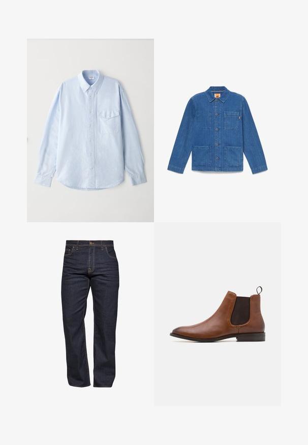 Blaue Jeansjacke mit Knöpfen, langen Ärmeln, Kragen und drei aufgesetzten Taschen auf weißem Hintergrund.; Hellblaues, knöpfbares Hemd aus weichem Stoff, mit einem klassischen Kragen, langen Ärmeln und einer Brusttasche mit Klappe.; Dunkelblaue Denim-Jeans mit geradem Schnitt, Kontrastnähten, fünf Taschen und einem Knopfverschluss an der Taille.; Zign by Zalando LEATHER - Stiefelette - cognac
