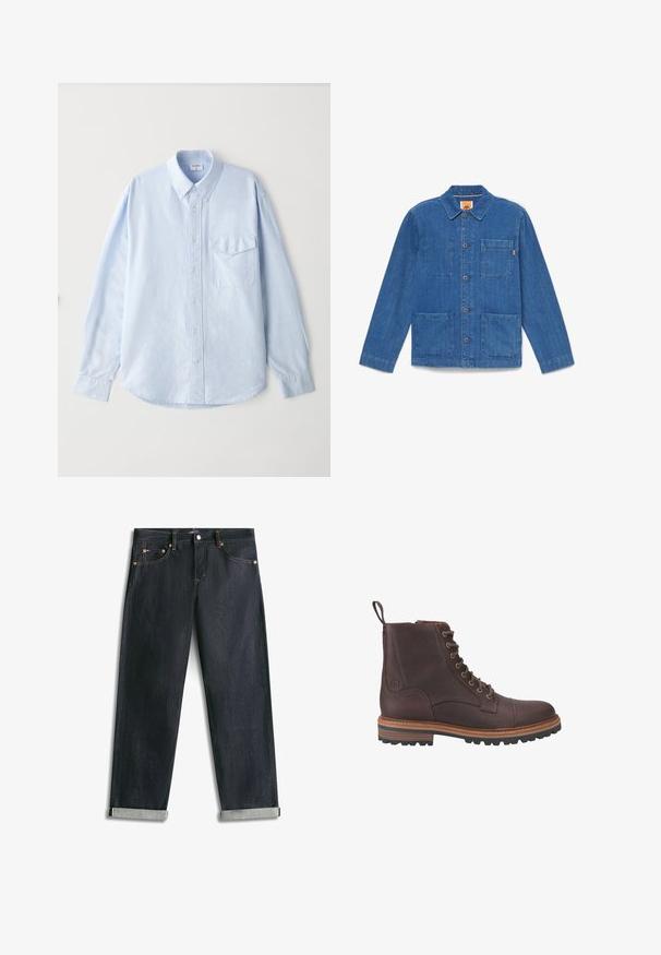 Blå denimjakke med knapper, lange ærmer, krave og tre forlommer på hvid baggrund.; Lyseblå skjorte med knapper lavet af blødt stof, med klassisk krave, lange ærmer og en brystlomme med klap.; Mørkeblå denimjeans med opsmøgede bukseben, fem lommer og kontrastsyning, lagt fladt på en hvid baggrund.; Brune læder støvler med snørebånd ved anklen, med en tekstureret overflade, kontrasterende beige såler og metaløjer. Har en trækflig for nem påtagning.