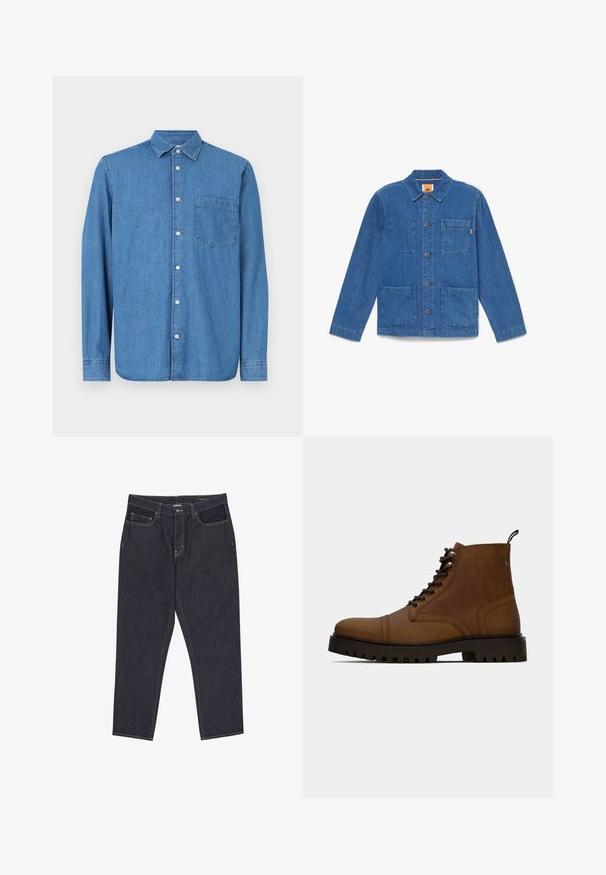 Blaue Jeansjacke mit Knöpfen, langen Ärmeln, Kragen und drei aufgesetzten Taschen auf weißem Hintergrund.; Jeanshemd, hellblau, langärmlig, knöpfbarer Vorderteil, Kragen, eine Brusttasche, gerader Saum, subtile Textur, lässiges Design.; Dunkelblaue Denim-Jeans mit geraden Beinen, Fronttaschen, Gürtelschlaufen und sichtbaren Nähten auf weißem Hintergrund.; Braune Leder Schnürstiefelette mit dickem schwarzem Profilsohle und Zugschlaufe auf weißem Hintergrund.