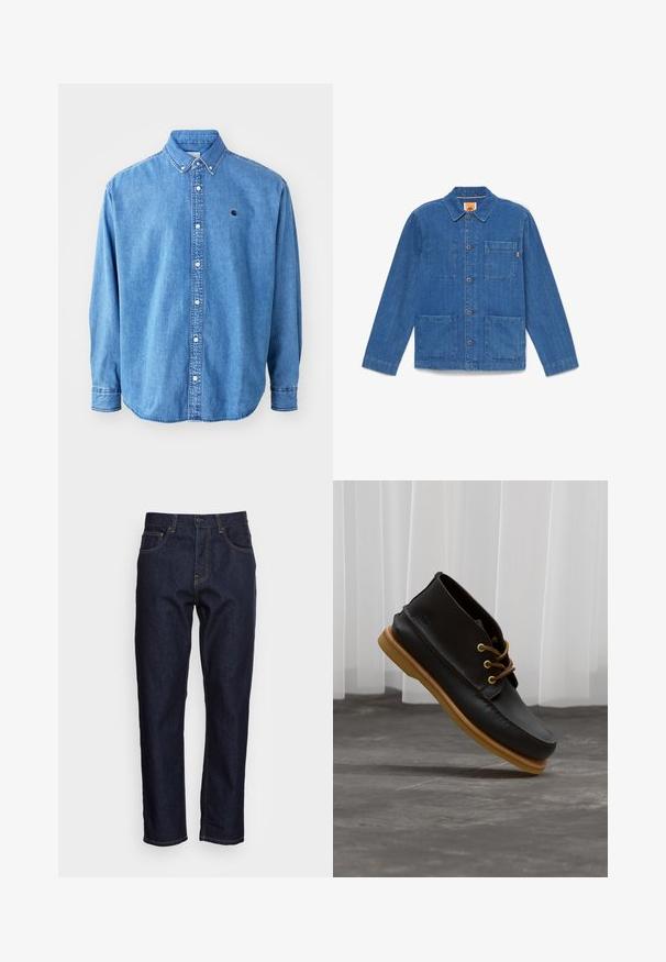 Blå denimjakke med knapper, lange ærmer, krave og tre forlommer på hvid baggrund.; Denim button-down skjorte, lyseblå i farven, med krave, lange ærmer og et lille logo på brystet. Har hvide knapper og syninger.; Mørkeblå denimjeans med lige pasform, fem lommer og kontrasterende gul syning. Designet med en klassisk knap- og lynlåslukning.; Sorte lædersko med en glat overflade, rund tå, brune snørebånd og lysebrune gummisåler. Logo præget på siden.