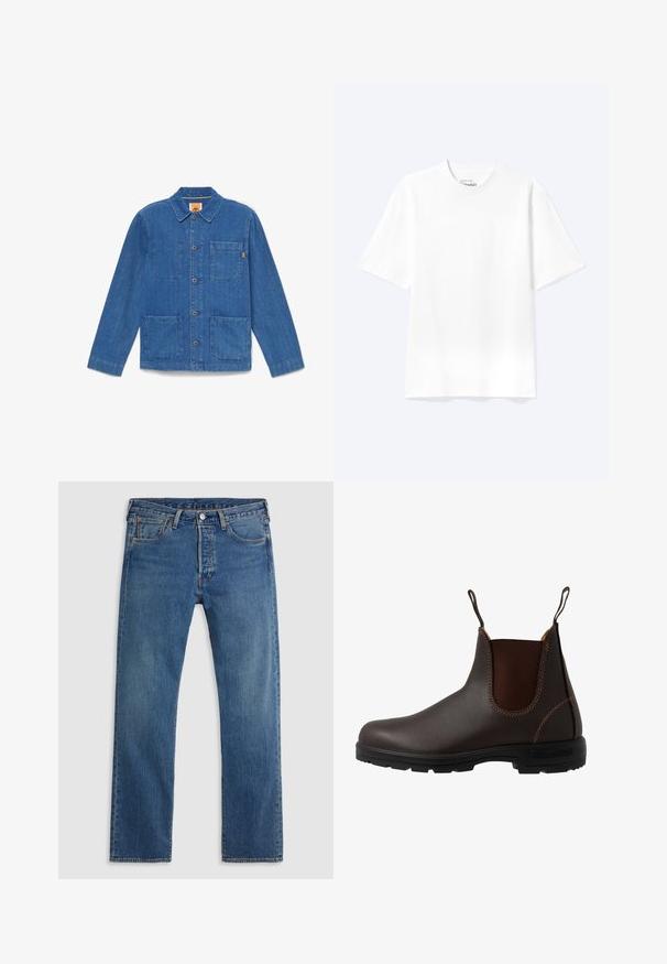 Blå denimjakke med knapper, lange ærmer, krave og tre forlommer på hvid baggrund.; Enkel hvid T-shirt med korte ærmer og rund hals med afslappet pasform, vist på en lys baggrund.; Blå straight-leg denimjeans med fem lommer, bæltestropper og lukning med knap og lynlås foran på en ensfarvet baggrund.; Brun læder Chelsea-støvle med elastisk sidepanel, brun syning, trækstropper og en holdbar gummisål med et tekstureret mønster.