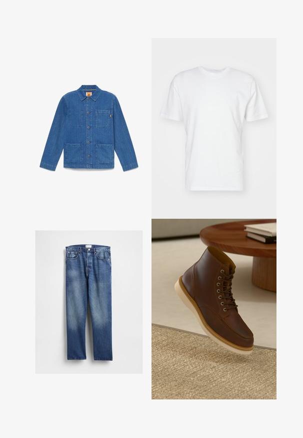 Chaqueta azul de mezclilla con botones, mangas largas, cuello y tres bolsillos delanteros de parche sobre fondo blanco liso.; Camiseta de algodón blanca con manga corta, escote redondo y una textura suave. Diseño simple sin patrones ni gráficos.; Vaqueros de mezclilla azul con diseño de pierna recta, presentan desgaste en la parte frontal, estilo clásico de cinco bolsillos y remaches metálicos en los bolsillos.; Botín de cuero marrón con suela beige sobre una alfombra beige texturizada al lado de una mesa redonda de madera con libros apilados.