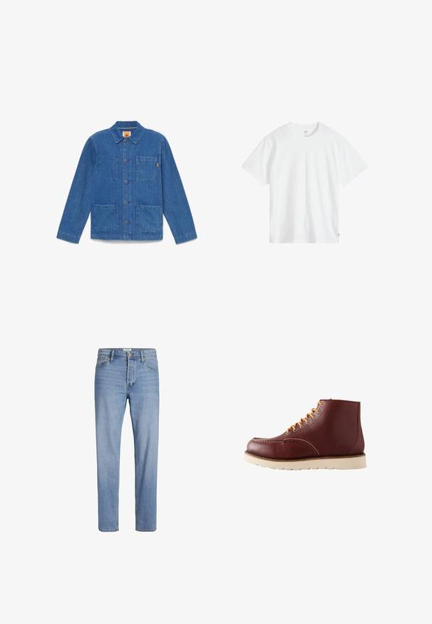 Blauwe denim jas met knopen, lange mouwen, kraag en drie opgestikte zakken aan de voorkant, afgebeeld op een effen witte achtergrond.; Wit katoenen T-shirt met een ronde hals, korte mouwen en een ontspannen pasvorm. Voorzien van een klein merklipje aan de linkeronderkant.; Lichtblauwe denim jeans met een rechte snit, standaard vijf-pocketontwerp en zichtbare stiksels. Geen onderscheidende patronen of accenten.; Bruine leren enkellaarzen met beige veters, zichtbare witte stiksels en een dikke witte rubberen zool tegen een witte achtergrond.