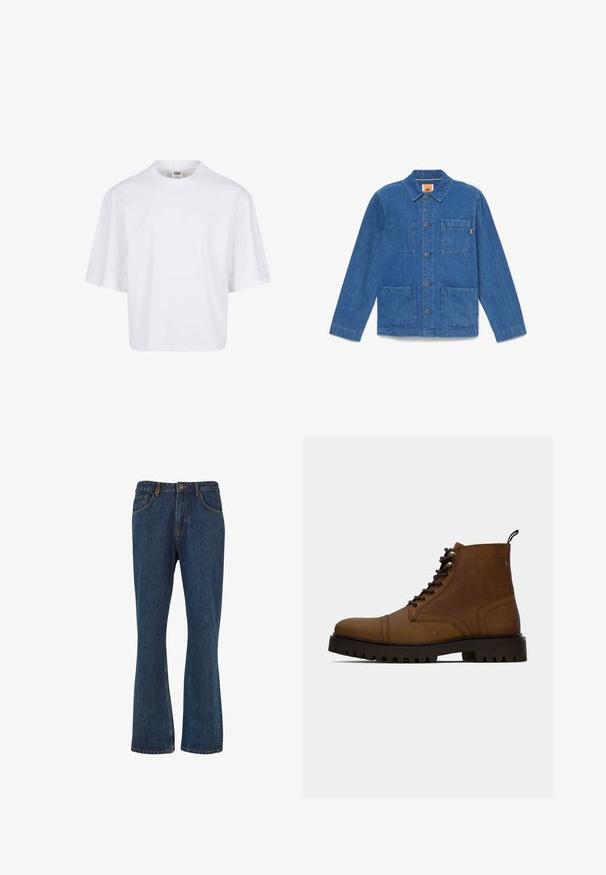 Blå denimjakke med knapper, lange ærmer, krave og tre forlommer på hvid baggrund.; Hvid t-shirt med korte ærmer, der har en rund halsudskæring og en afslappet pasform, lavet af et glat bomuldsblandingsstof. Ingen mønstre eller udsmykninger.; Mørkeblå denim flare jeans med høj talje, fem lommer og kontrastsyning. Glat tekstur med et klassisk design.; Brun læder snørefri ankelstøvle med tyk sort sål og hængslet på en hvid baggrund.