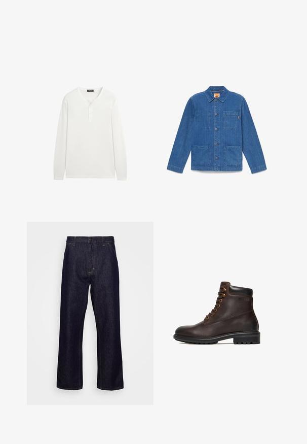 Blauwe denim jas met knopen, lange mouwen, kraag en drie opgestikte zakken aan de voorkant, afgebeeld op een effen witte achtergrond.; Wit henleyshirt met lange mouwen, een ronde hals en drie kleine knoopjes op de voorpaspel.; Donkerblauwe denim jeans met rechte pijpen, voorzakken, riemlussen, ritssluiting en knoopsluiting, weergegeven tegen een eenvoudige witte achtergrond.; Donkerbruine leren veterenkellaars met gevoerde zwarte kraag en dikke zwarte rubberen zool, zijaanzicht.