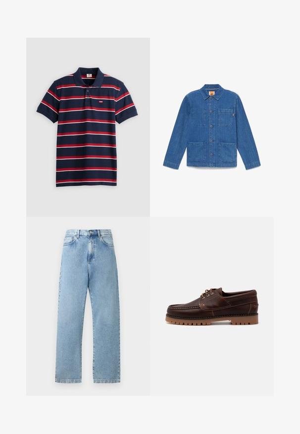 Blaue Jeansjacke mit Knöpfen, langen Ärmeln, Kragen und drei aufgesetzten Taschen auf weißem Hintergrund.; Navyblaues Poloshirt mit rot-weißen horizontalen Streifen, drei Knöpfen am Kragen und kleinem Levi's-Logo auf der Brust. Aus weichem Baumwollmaterial.; Hellblaue Jeans mit hoher Taille und geradem Bein, mit vorderen Taschen, Gürtelschlaufen, Knopfverschluss und sichtbaren Nähten vor neutralem Hintergrund.; Braune Lederschiffsschuh mit gestickten Details, Schnürdesign und robustem Gummisohle mit strukturierten Stollen für besseren Halt.