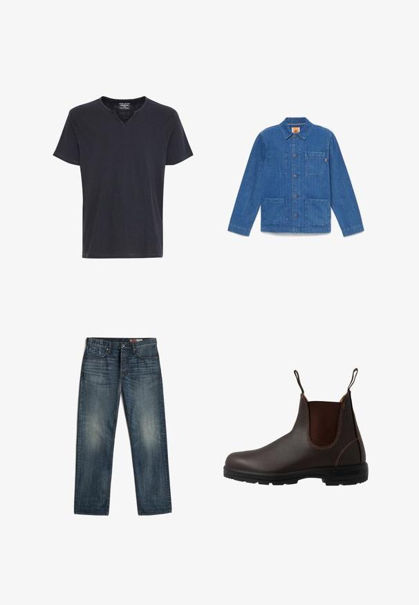 Blaue Jeansjacke mit Knöpfen, langen Ärmeln, Kragen und drei aufgesetzten Taschen auf weißem Hintergrund.; Schwarzes T-Shirt mit kurzen Ärmeln und einem V-förmigen Ausschnitt, einfaches, schmuckloses Design, dargestellt auf weißem Hintergrund.; Dunkelblaue Straight-Leg-Denimjeans mit Fronttaschen und Knopfverschluss, die dezente ausgebleichte Bereiche an Oberschenkeln und Knien aufweisen.; Brauner Chelsea-Stiefel aus Leder mit elastischem Seiteneinsatz, brauner Naht, Zuglaschen und einer strapazierfähigen Gummisohle mit strukturiertem Muster.