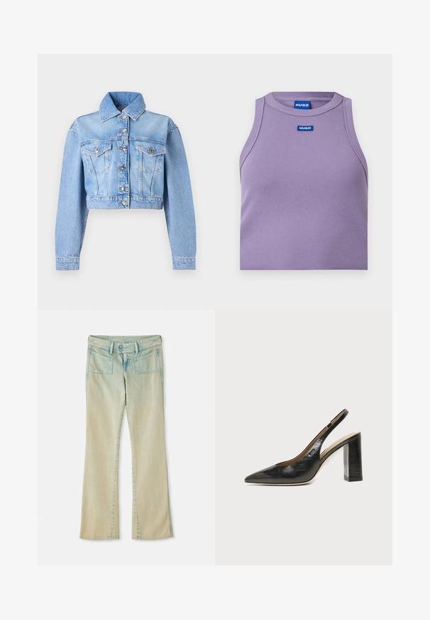 Veste en jean bleu clair raccourcie avec manches longues, boutonnage avant, poches poitrine à rabat et col classique.; Débardeur sans manches en maille côtelée lilas avec encolure ronde et patch logo HUGO bleu centré sous le col.; Jean flare en denim bleu clair avec une finition délavée, présentant des passants de ceinture, deux poches avant et deux poches arrière avec des accents de couture.; Chaussure slingback en cuir noir à bout pointu avec un talon bloc haut et une doublure intérieure beige sur un fond clair uni.