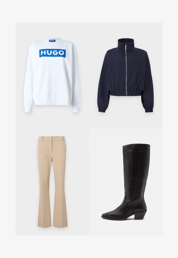Marineblaues kurzes Jacket mit hohem Kragen, Frontreißverschluss, elastischem Bund und gerafften Ärmeln, aus leichtem, strukturiertem Stoff gefertigt.; Weißer Sweatshirt aus Baumwollmischung mit einem blauen "HUGO"-Logo auf der Vorderseite, Rundhalsausschnitt und gerippten Bündchen und Saum.; Beige Stoffhose mit geradem Schnitt, flachem Bund, Gürtelschlaufen und glatter Textur. Keine sichtbaren Taschen oder Muster.; Schwarzer Lederstiefel bis zur Wade mit spitzer Spitze und niedrigem schrägem Absatz vor einfachem hellem Hintergrund.