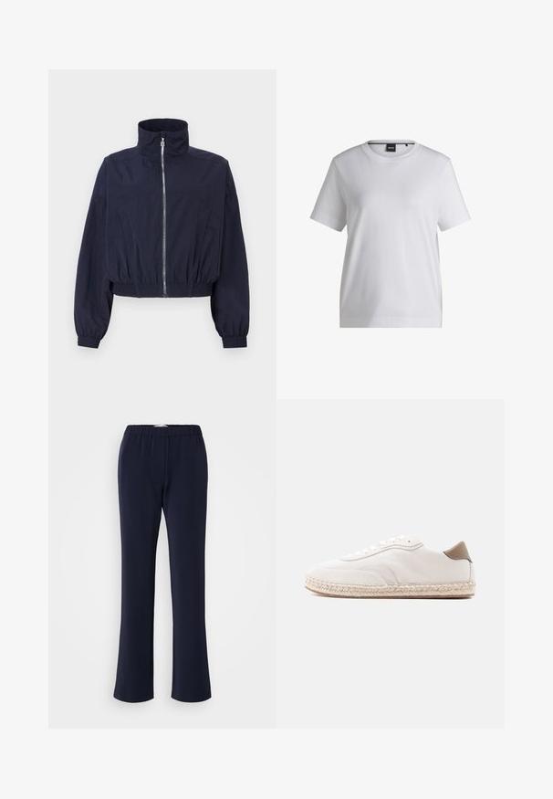 Chaqueta corta de color navy, con cuello alto, cremallera frontal, cinturilla elástica y mangas fruncidas, hecha de un tejido ligero y texturado.; Camiseta de algodón blanca con cuello redondo, mangas cortas y un corte relajado. Presenta una pequeña etiqueta de la marca cerca del cuello.; Pantalones de pierna recta en azul marino, confeccionados con tela elástica, con cintura elástica y dos bolsillos delanteros. Textura lisa, sin patrones visibles.; Zapatilla blanca con parte superior de ante, acentos beige y suela de yute tejido. Cuenta con cordones planos y un logo lateral de la marca.
