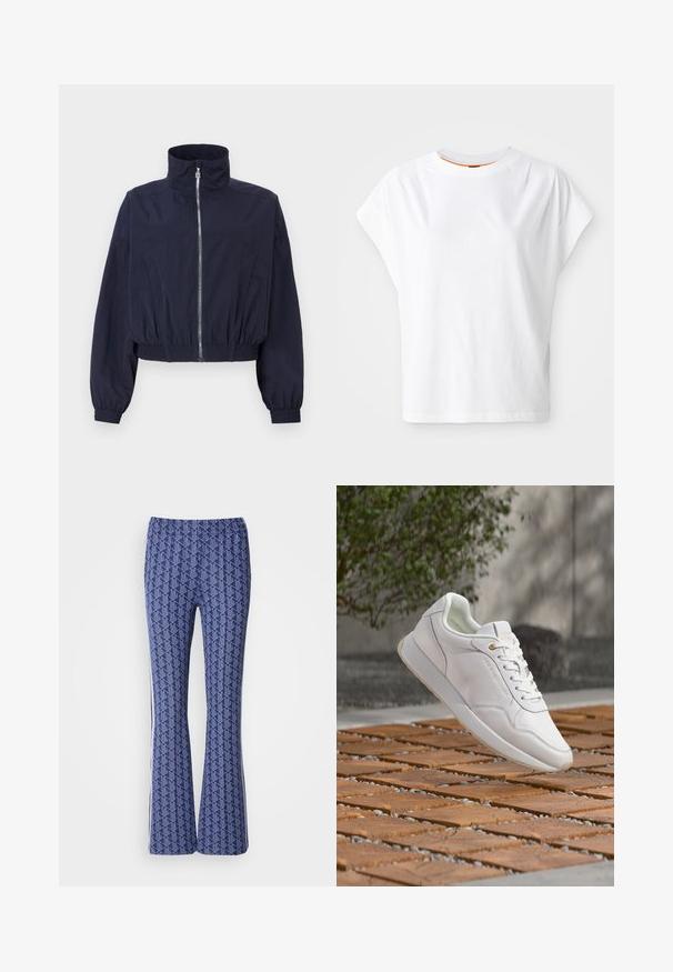 Marineblå cropped jakke med højt krave, frontlynlås, elastisk talje og samlede ærmer, lavet af letvægts, tekstureret stof.; Hvid T-shirt med korte ærmer og løst fit. Har rund halsudskæring og subtil logo-detalje på forsiden. Fremstillet af bomuldsstof.; Blå mønstrede bukser med udvidet ben, der har et geometrisk design, elastisk talje og hvide striber på siderne. Glat tekstur hele vejen igennem.; Hvid sneaker med snørebånd og gyldent bogstav svæver over træflise udendørs nær grøntområde og betonmur.