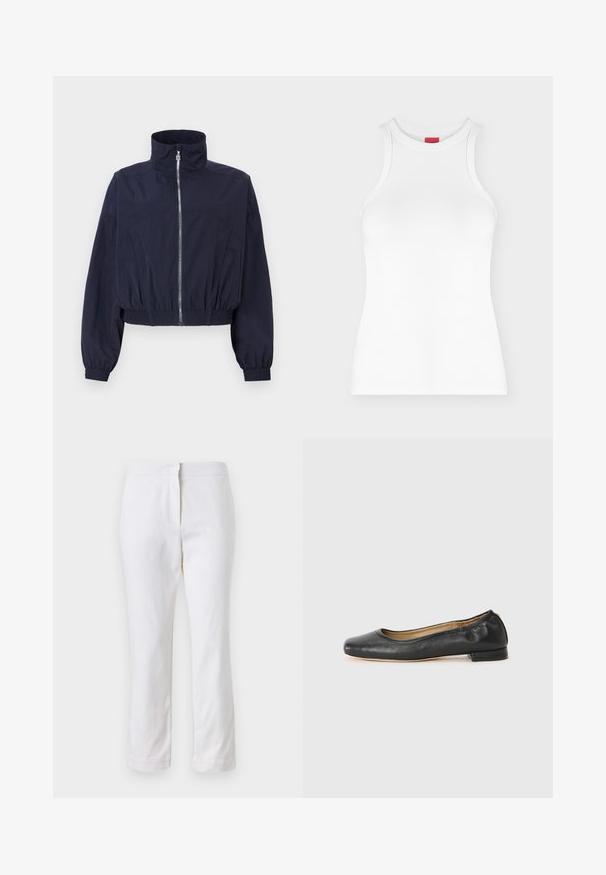 Veste courte navy, avec un col haut, un zip sur le devant, une taille élastique et des manches froncées, fabriquée en tissu léger et texturé.; Débardeur côtelé blanc sans manches avec col montant et coupe ajustée, présenté sur un fond clair uni.; Pantalons en coton blancs avec une coupe droite, dotés d'une taille mi-haute et sans matériel ou motifs visibles. Texture lisse sur l'ensemble.; Ballerines en cuir noir avec un bout arrondi et des coutures minimales. Talon bas et rectangulaire avec une texture lisse. Détails subtils de doublure intérieure.