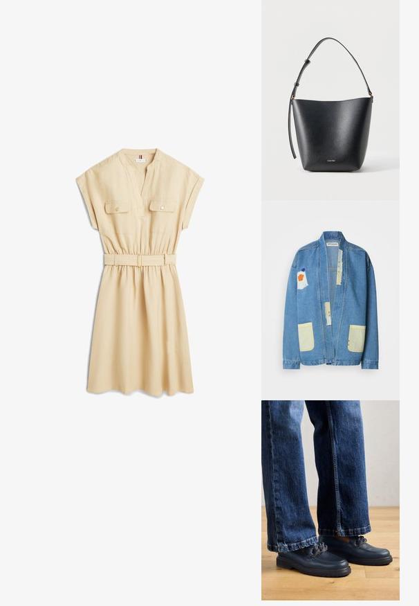 Denimjakke i lys blå med en løs pasform, der har gule lommer, blandede stoflapper og synlige syninger.; Beige kjole med korte ærmer, V-hals, to forlommer med klap og knapper, indsnævret talje og matchende bælte med rektangulært spænde.; Mørkeblå lædersko med en kraftig sål og kæde detalje på overdelen, parret med løstsiddende mørkeblå denim jeans.; Sort læder bucket-taske med justerbar skulderrem og lille guld Calvin Klein-logo foran.