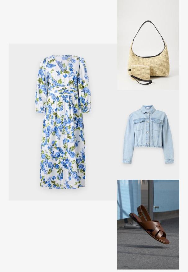 Veste en jean courte bleu clair avec manches longues, fermeture par boutons devant, col pointu et deux poches poitrine à rabat.; Robe maxi florale avec un fond blanc ornée de motifs de fleurs bleues et vertes, décolleté en V, manches bouffantes longues et taille cintrée.; Sandale en cuir marron avec des brides tissées et une boucle à la cheville, suspendue en l'air au-dessus d'un sol pavé près d'une barrière bleue.; Sac à main en paille tissée avec une silhouette courbée, doté d'une bandoulière en cuir noir lisse et d'une petite pochette assortie attachée par une sangle pour le poignet.