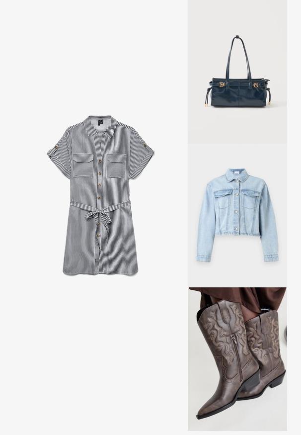 Hellblaue kurze Jeansjacke mit langen Ärmeln, Knopfverschluss vorne, spitzem Kragen und zwei Brustklappentaschen.; Atmungsaktives Hemd mit Knopfleiste in Marineblau und weißen vertikalen Streifen. Mit zwei Brusttaschen, kurzen Ärmeln und einem gebundenen Gürtel in der Taille.; Braune Leder-Cowboystiefel mit einer spitzen Zehenpartie, Seitenreißverschluss und einem strukturierten Schlangendesign in Beige, mit dekorativen Nieten entlang der Kanten.; Dunkelblaue Ledertasche mit langen dünnen Griffen, goldenen Schnallendetails an den Seiten und Reißverschluss oben vor einfachem hellem Hintergrund.