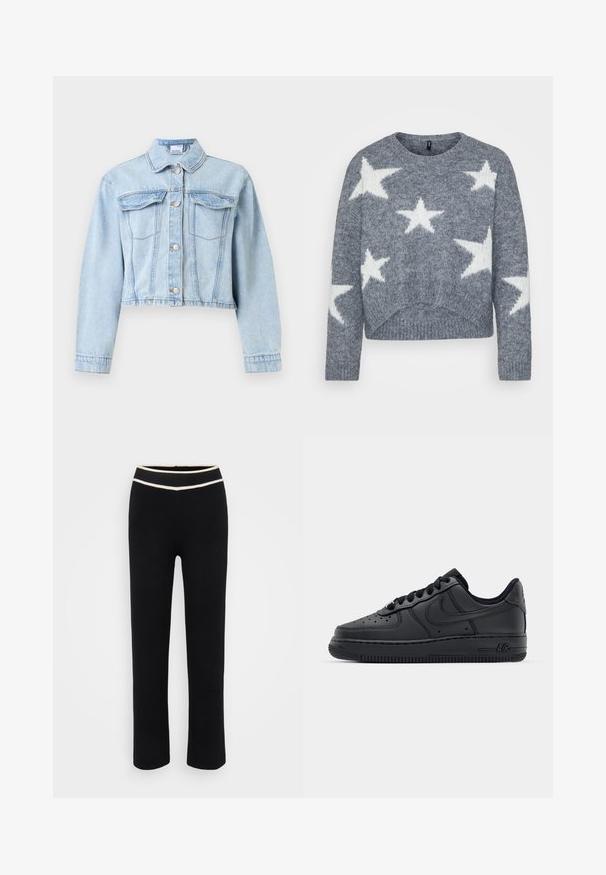 Veste en jean courte bleu clair avec manches longues, fermeture par boutons devant, col pointu et deux poches poitrine à rabat.; Pull en tricot gris avec un col rond, présentant des motifs d'étoiles blanches, et une coupe cropped. La texture semble douce et duveteuse.; Pantalons noirs au design ajusté, fabriqués en tissu doux. Ils comportent une taille crème contrastante et une coupe droite. Aucune motif ni accent.; Baskets en cuir noir avec boîte à orteils perforée, lacets plats et semelle en caoutchouc. Présente un petit logo sur le côté et des détails texturés.