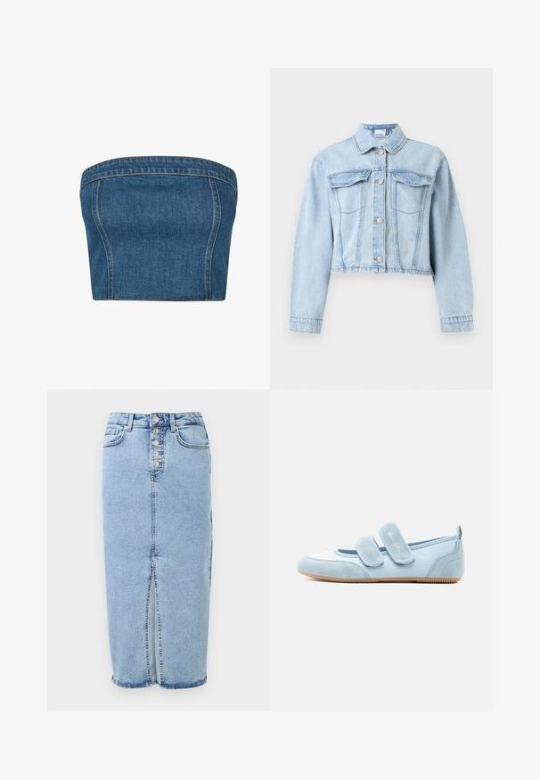 Veste en jean courte bleu clair avec manches longues, fermeture par boutons devant, col pointu et deux poches poitrine à rabat.; Haut sans bretelles en denim bleu foncé, présentant une coupe structurée, des coutures latérales et des coutures visibles le long des bords pour plus de détails.; Jupe midi en denim bleu clair avec fermeture à boutons sur le devant, fente avant, passants pour ceinture et deux poches avant.; Chaussure orthopédique Mary Jane pour enfants en bleu clair avec deux brides Velcro réglables et une semelle en caoutchouc.