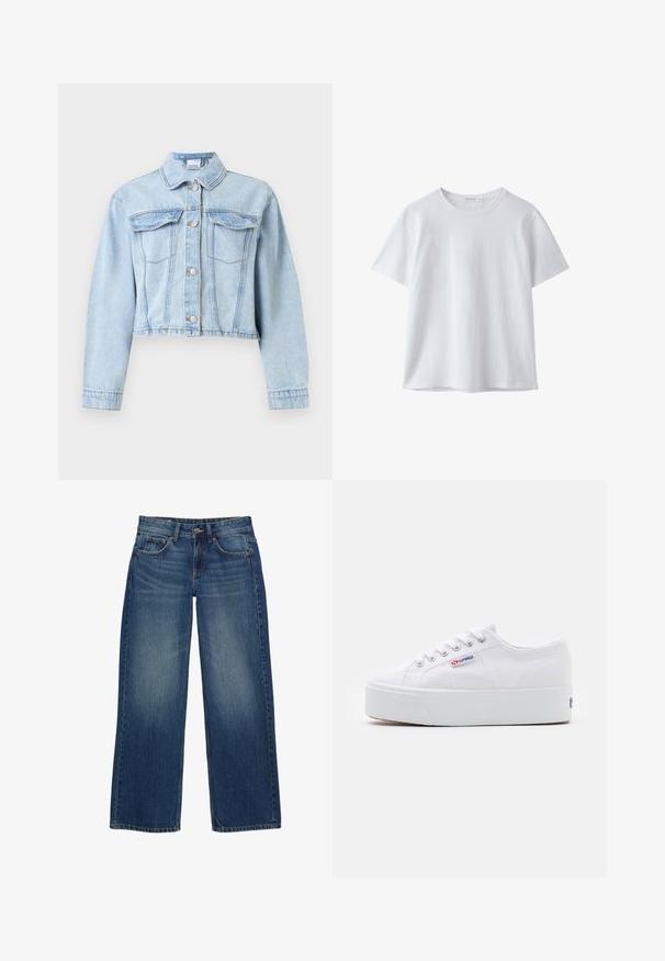 Veste en jean courte bleu clair avec manches longues, fermeture par boutons devant, col pointu et deux poches poitrine à rabat.; T-shirt blanc uni à manches courtes et col rond, en tissu doux, présenté sur fond blanc.; Jean en denim bleu à jambes larges avec une finition délavée, doté de cinq poches, d'une fermeture frontale par bouton et de détails de coutures visibles.; Baskets en toile blanches avec une épaisse semelle plateforme blanche, bout rond et œillets en métal pour les lacets. Logo de la marque affiché sur le côté.