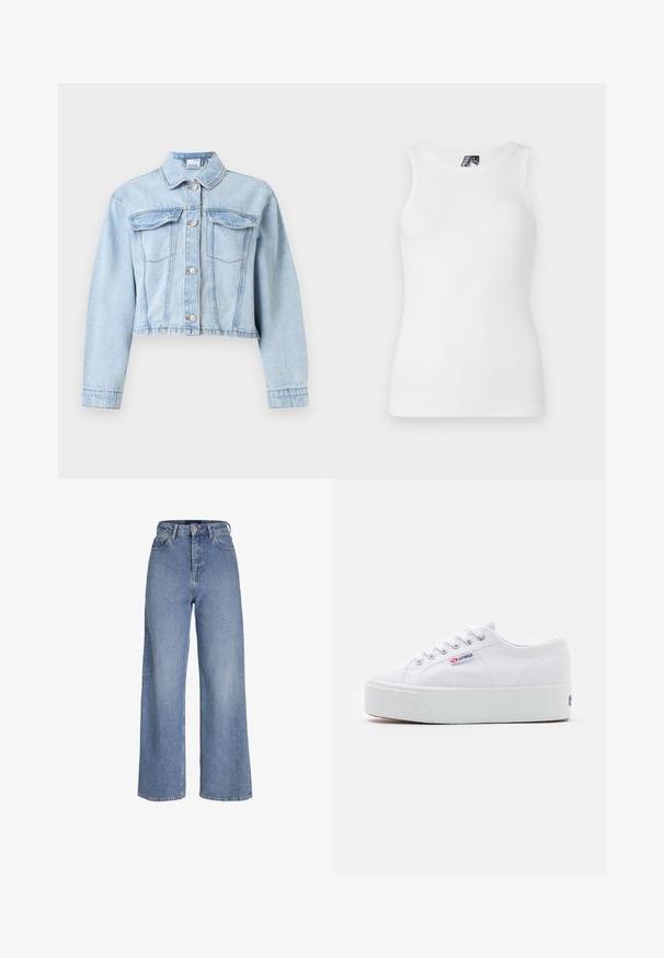 Lyseblå cropped denimjakke med lange ærmer, knaplukning foran, spids krave og to brystlommer med klap.; Hvid ribbet tanktop med rund halsudskæring og ærmeløst design, lavet af en blød bomuldsblanding med en tætsiddende silhuet.; Højtaljede lyseblå cowboybukser med vide ben, foran knap- og lynlåslukning samt fem-lomme-design.; Hvide canvas sneakers med en tyk hvid platformssål, rund tå og metaløjelets til snørebånd. Mærkets logo præsenteret på siden.