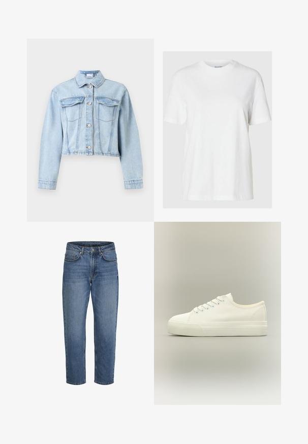 Lichtblauw cropped spijkerjasje met lange mouwen, knoopsluiting aan de voorkant, puntige kraag en twee borstzakken met klep.; Witte katoenen t-shirt met korte mouwen en een ronde halslijn. Heeft een relaxte pasvorm en een minimalistisch ontwerp zonder patronen of accenten.; Blauwe spijkerbroek met rechte pijpen, vooraan knoop- en ritssluiting en voor- en achterzakken, weergegeven tegen een witte achtergrond.; Witte lage canvas sneaker met veters aan de voorkant en dikke, getextureerde rubberen zool op een neutrale achtergrond.