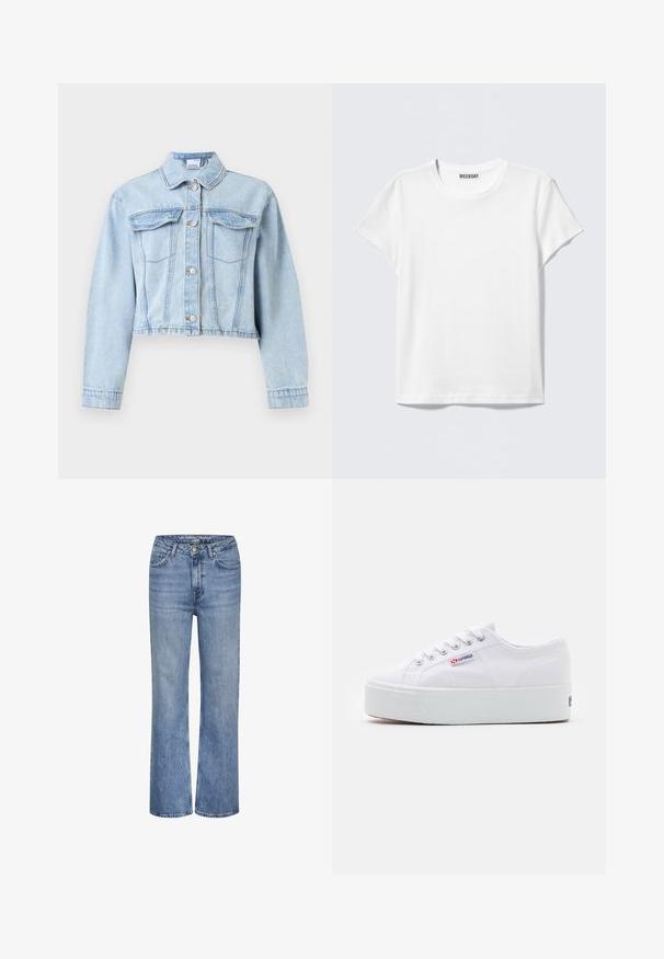 Hellblaue kurze Jeansjacke mit langen Ärmeln, Knopfverschluss vorne, spitzem Kragen und zwei Brustklappentaschen.; Schlichtes weißes T-Shirt mit kurzen Ärmeln und Rundhalsausschnitt mit einem "WEEKDAY" Etikett im Kragen, auf einem hellgrauen Hintergrund abgebildet.; Blaue hoch taillierte gerade Jeans aus Denim mit vorderem Knopf, Reißverschluss und Fünf-Taschen-Design.; Weiße Leinenschuhe mit einer dicken weißen Plattformsohle, runder Zehenpartie und Metallösen für die Schnürsenkel. Markenlogo an der Seite angebracht.