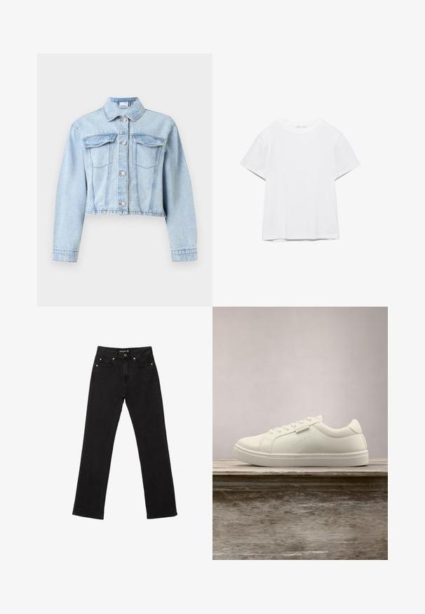 Hellblaue kurze Jeansjacke mit langen Ärmeln, Knopfverschluss vorne, spitzem Kragen und zwei Brustklappentaschen.; Unifarbenes weißes T-Shirt mit kurzen Ärmeln und Rundhalsausschnitt, gerader Saum, dargestellt auf weißem Hintergrund.; Schwarze Jeans aus Denim im geraden Schnitt, mit fünf Taschen und dezenten Kupferriegel-Akzenten. Hergestellt aus robustem Baumwollstoff.; Weißer Leder-Sneaker mit Schnürsenkeln schwebt über einer hölzernen Bank, im Hintergrund ist das grüne hohe Gras unscharf zu sehen.