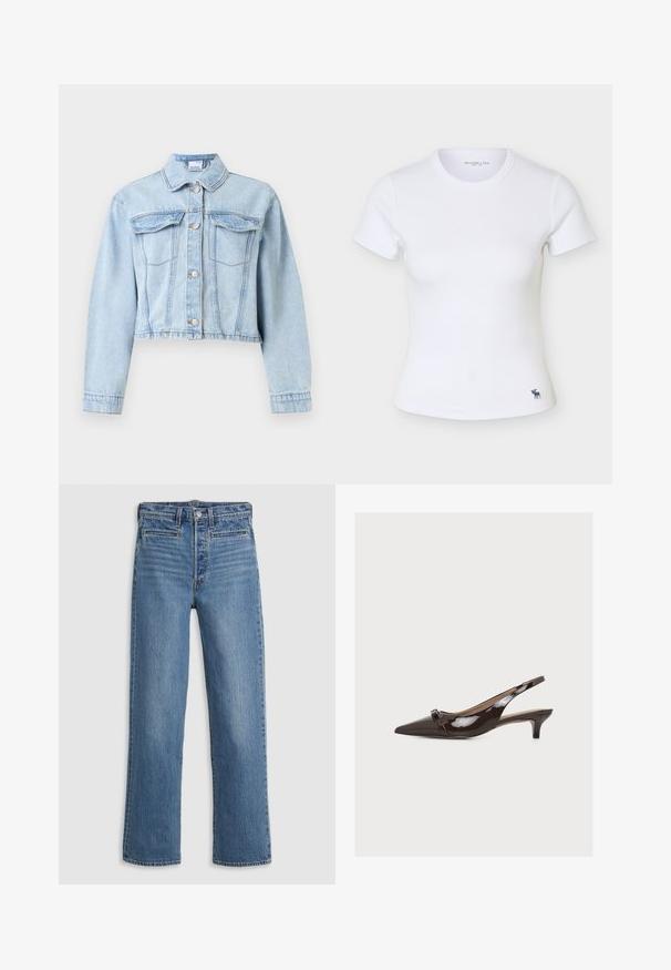 Lyseblå cropped denimjakke med lange ærmer, knaplukning foran, spids krave og to brystlommer med klap.; Hvid kortærmet tætsiddende ribstrikket T-shirt med rund halsudskæring og lille mørk elg-logo nær den nederste kant på venstre side.; Lys blå, lige ben jeans lavet af denim. Funktioner inkluderer en knaplukning, fem lommer og diskret slid. Ingen udsmykninger eller mønstre.; Mørkebrun laklæder slingback-sko med spids tå, lille kitten heel og dekorativt frontremspænde.