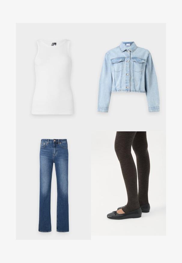 Lyseblå cropped denimjakke med lange ærmer, knaplukning foran, spids krave og to brystlommer med klap.; Hvid ribbet tanktop med rund halsudskæring og ærmeløst design, lavet af en blød bomuldsblanding med en tætsiddende silhuet.; Blå denimbukser med lige ben, forlommer, bæltestropper og knappelukning på hvid baggrund.; Ben iført mørke ribbede leggings kombineret med sorte balletsko med små sløjfedetaljer på hvid baggrund.