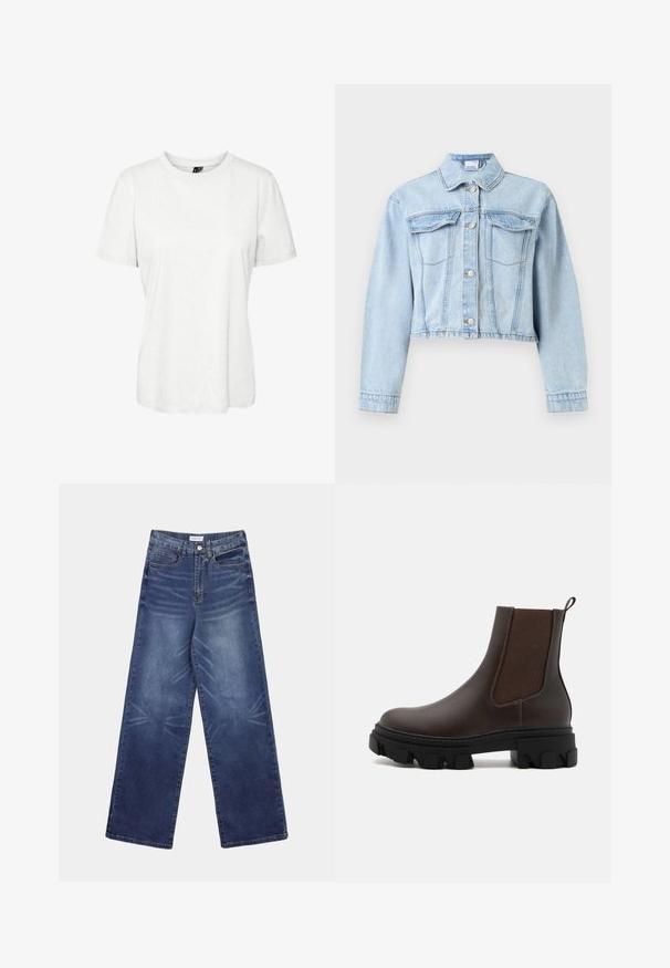 Lyseblå cropped denimjakke med lange ærmer, knaplukning foran, spids krave og to brystlommer med klap.; Hvid kortærmet t-shirt lavet af bomuld med rund halsudskæring og afslappet pasform. Glat tekstur og ingen synlige mønstre eller dekorationer.; Vidbenede denimjeans i mørkeblå, med høj talje, tydelige falmninger foran og klassisk femlomme-design.; Brune læder Chelsea-støvler med elastiske sidepaneler, teksturerede stofaccenter, tyk sort gummisål og en pull-tab bagpå.