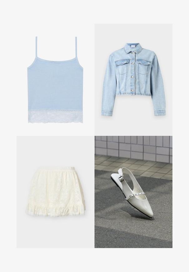 Hellblaue kurze Jeansjacke mit langen Ärmeln, Knopfverschluss vorne, spitzem Kragen und zwei Brustklappentaschen.; Blaues Tanktop aus weichem Stoff mit dünnen Trägern, verziert mit einem weißen Spitzenrand am Saum. Einfaches, klassisches Design ohne zusätzliche Akzente.; Cremefarbener Spitzen-Halbschlupf mit elastischem Bund und gerafftem Saum, zum Tragen unter Röcken oder Kleidern konzipiert.; Weißer spitzer Slingback-Slipper mit zwei silbernen Schnallen, abgebildet im Freien auf strukturiertem Boden und gefliester Wand im Hintergrund.