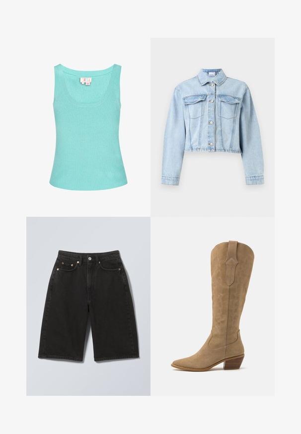 Lichtblauw cropped spijkerjasje met lange mouwen, knoopsluiting aan de voorkant, puntige kraag en twee borstzakken met klep.; Lichtblauw geribbeld tanktop met een ronde halslijn en brede schouderbanden. De stof lijkt glad met een lichte stretch. Etiket zichtbaar aan de binnenkant.; Zwarte denim korte broek tot op de knie met knoopsluiting aan de voorkant, rits, lussen voor een riem en een ontwerp met vijf zakken, platgelegd op een grijze achtergrond.; Tan suède cowboylaarzen met een spitse neus, middelhoog schacht en decoratieve stiknaden langs de zijkanten. Voorzien van een gestapelde houten hak.