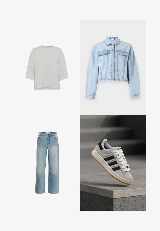 Lyseblå cropped denimjakke med lange ærmer, knaplukning foran, spids krave og to brystlommer med klap.; Lys grå, kortærmet top lavet af blød stof. Har en rund halsudskæring og subtile sømdetaljer foran. Regular fit.; Lyseblå denim jeans med vid ben, der har nitter på lommerne, en høj talje og en lige skæring fra hofte til kant.; Grå Adidas Campus-sneaker med sorte striber og hvide snørebånd, der svæver over en betonkant med trapper i baggrunden.