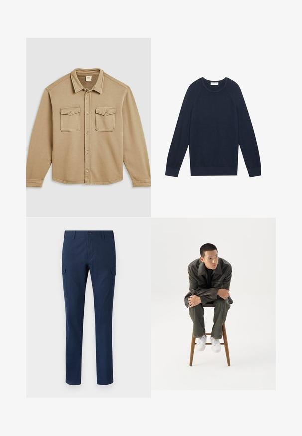 Tan skjorte med knappelukning, krave, to brystlommer og en blød tekstur. Har synlige stikninger og rundet kant.; Mørkeblå sweater, let strikket stof, rund halsudskæring, ribbede manchetter og kant, med raglanærmer og en subtil tekstur.; Marine cargo bukser lavet af bomuld, med sidelommer, knaplukning, lige ben og en glat tekstur.; Ung mand i mørk læderjakke og jeans sidder på en træskammel, læner sig fremad med armene krydset og kigger til siden mod hvid baggrund.