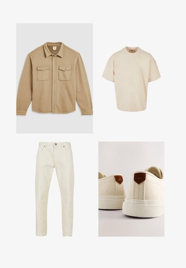 Beige overhemd met knopen, een kraag, twee borstzakken en een zachte textuur. Heeft zichtbare stiksels en een afgeronde zoom.; Beige oversized T-shirt, gemaakt van zachte katoen stof, met een ronde hals en korte mouwen met een rechte zoom. Eenvoudig en minimalistisch ontwerp.; Beige katoenen broeken met een gladde structuur, rechte pasvorm, vijf zakken ontwerp en een metalen knoopsluiting bij de taille.; Canvas sneakers in crèmekleur met een gestructureerde afwerking, voorzien van bruine lederen accenten bij de hiel en een rubberen buitenzool.