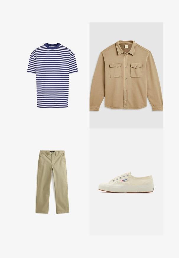 Beige overhemd met knopen, een kraag, twee borstzakken en een zachte textuur. Heeft zichtbare stiksels en een afgeronde zoom.; Korte mouwen gestreept t-shirt met marineblauwe en witte horizontale strepen, ronde hals, relaxed fit en zachte katoenen stof.; Beige katoenen chinos met een rechte pijp, voorzien van twee voorzakken en een klassieke knoopsluiting. Soepele textuur, minimale accenten.; Beige canvas sneaker met een laag profiel, metalen oogjes en rubberen zool. Beschikt over een textuurpatroon en logodetail aan de zijkant.