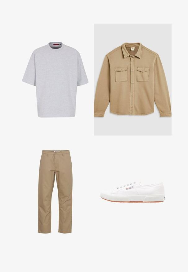 Beige overhemd met knopen, een kraag, twee borstzakken en een zachte textuur. Heeft zichtbare stiksels en een afgeronde zoom.; Lichtgrijs oversized t-shirt, korte mouwen, ronde halslijn, gemaakt van zachte stof, heeft een rechte zoom zonder patronen of versieringen.; Beige katoenen broek met een rechte pijp, voorzien van een knoop- en ritsluiting aan de voorkant, zijzakken en een nette afwerking.; Witte canvas sneakers met een rubberen zool, vetersluiting en een klein logolabel aan de zijkant. Gewreven wit bovenwerk en een bruine zool.