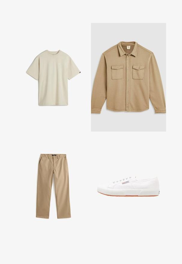 Beige overhemd met knopen, een kraag, twee borstzakken en een zachte textuur. Heeft zichtbare stiksels en een afgeronde zoom.; Beige katoenen T-shirt met korte mouwen, een ronde hals en een klein wit logo op de borst. Soepele textuur met een ontspannen pasvorm.; Beige rechte broek met knoop- en ritssluiting, ceintuurlussen en zijzakken, plat liggend op een witte achtergrond.; Witte canvas sneakers met een rubberen zool, vetersluiting en een klein logolabel aan de zijkant. Gewreven wit bovenwerk en een bruine zool.