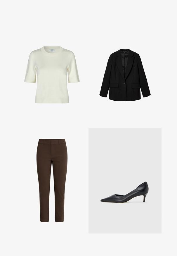 Sort blazer lavet af glat stof, med en enkelt knaplukning, spidse revers og to frontlommer. Indersiden er foret med satin.; Strikket kortærmet sweater i off-white med rund halsudskæring og en glat, blød tekstur. Enkel og klassisk design.; Mørkebrune, slanke bukser med bæltestropper, forlommer og et rent, skræddersyet design.; Sort læderpumpe med spids tå og lav hæl. Har en glat tekstur og subtil glans. Åben udskæring foran for ekstra detalje.