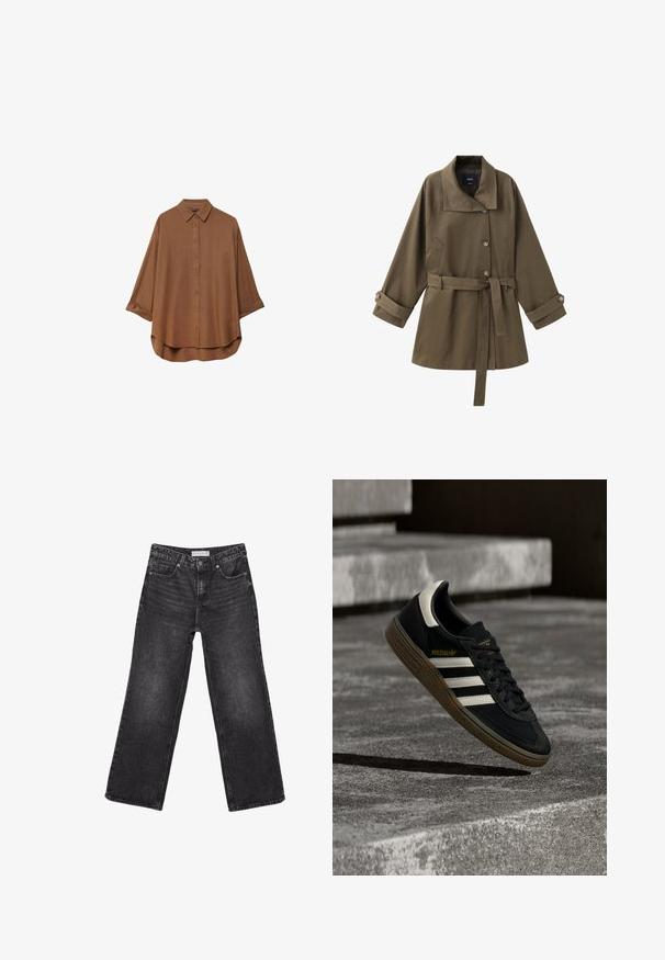Trench-coat vert olive ceinturé avec grand col, trois boutons sur le devant, manches longues avec poignets boutonnés et poches latérales.; Chemise brune à boutons, fabriquée en tissu léger. Présente un col classique, des manches longues avec des poignets retournés et un ourlet arrondi.; Jean noir à jambes larges, poches avant et fermeture par bouton, étiquette de taille 38 visible à la ceinture.; Baskets Adidas noires avec des bandes blanches et une semelle en gomme flottant au-dessus d'escaliers en béton gris sous une lumière naturelle.